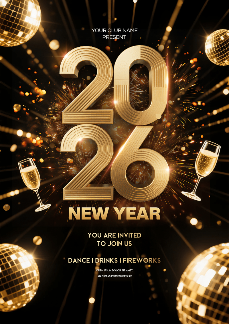 Poster Year End Party có champagne, disco ball và pháo hoa